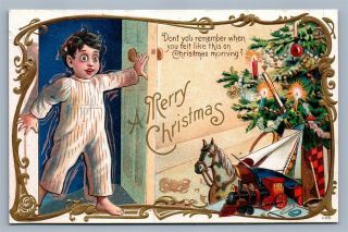 Merry Christmas Embossed Antique Postcard Boy W/ Toys