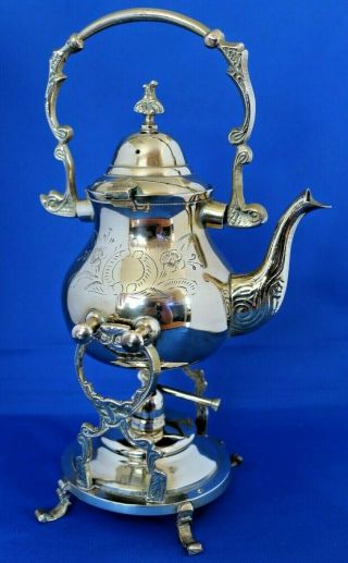 Vintage Engraved Brass Samovar Kettle Tea Pot With Stand & Spirit Burner