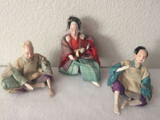 Antique Set Of 3 Japanese Gofun Glass Eyes Real Hair Dolls Collectible Rare