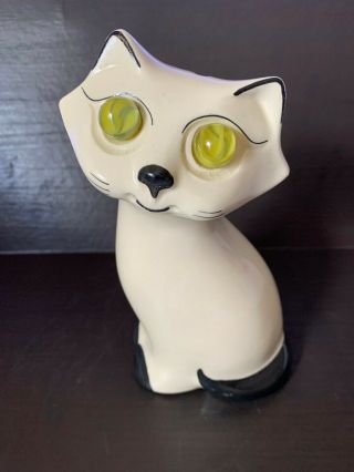 Rare Vintage Cat Coin Bank Ceramic With Marble Eyes 1960 