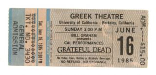 Rare Grateful Dead 6/16/85 Berkeley Ca Greek Theatre Mail Order Ticket Stub