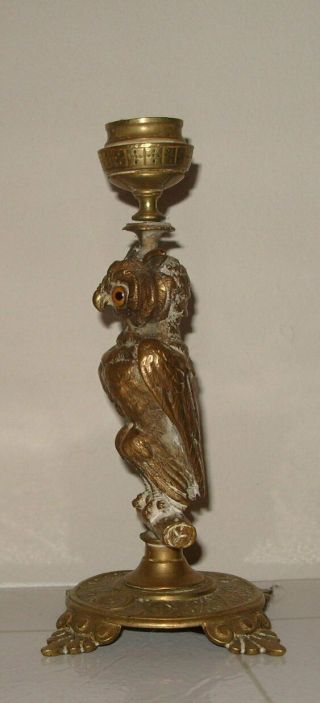 Antique Victorian Brass Owl Candlestick Glass Eyes On Ornate Stand Plinth