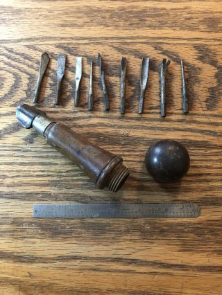 Vintage Antique Late 1800’s 5.  75” Multi Tool Screwdriver 9 Bits Wood Handle