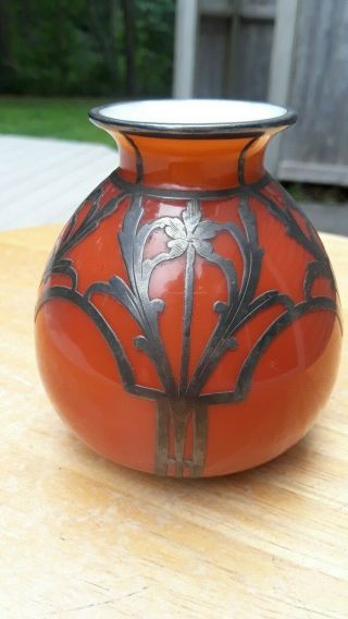 Rare Color Antique Glass Bud Vase Sterling Silver Overlay Art Nouveau Deco