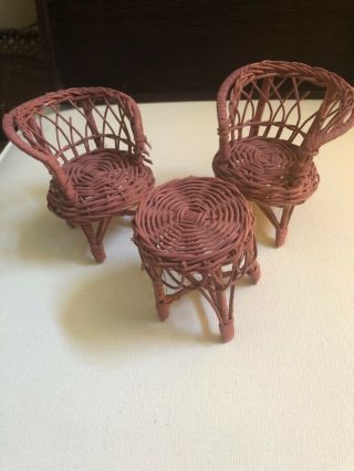 Vintage Wicker Rattan 2 Chairs 1 Table Barbie Doll Sz Patio Furniture
