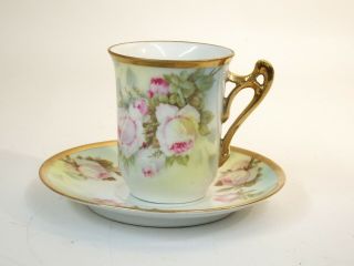 Rare Chocolate Cup & Saucer Royal Rudolstadt Prussia,  Painted Roses,  C.  1930,  Vtg