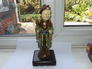 Antique Chinese Sancai Glaze Pottery Figure Female On Wooden Stand H 24.  5 Cm