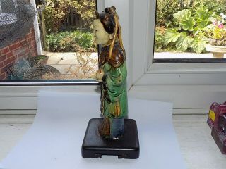 ANTIQUE CHINESE SANCAI GLAZE POTTERY FIGURE FEMALE ON WOODEN STAND H 24.  5 cm 2
