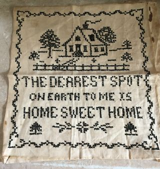Antique Cross Stitch On Linen 1920s " Home Sweet Home " 12 " X 12 " Ready To Frame