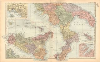 1893 Antique Map - Italy South,  Sicily,  Naples,  Valetta,  Stromboli,  Malta