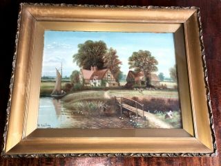 Antique Oil Painting English Country Farm Landscape Boat Signed W.  Halley C1900