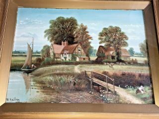 Antique Oil Painting English Country Farm Landscape Boat Signed W.  Halley c1900 2
