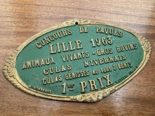 Vintage French Plaque From An Agricultural Fair In Lille 1963 Bovine 1st Prize