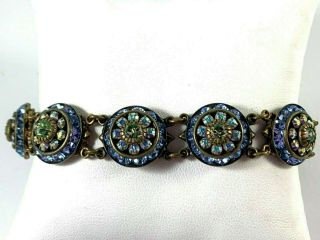 Rare Liz Palacios S.  F.  Blue & Green Crystal Brass Flower Antique Style Bracelet