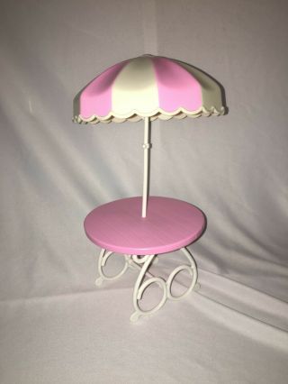 1988 Barbie Doll Pink White Curved Scroll Legs Garden Round Table Umbrella Rare
