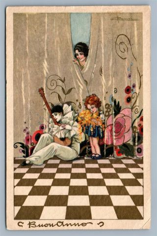 Artist Signed Italian Antique Postcard Pierrot W/ Baby Girl