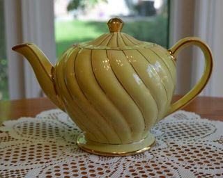 Rare Vintage Sadler Teapot - Swirl Design - All In Yellow With Gold Accents