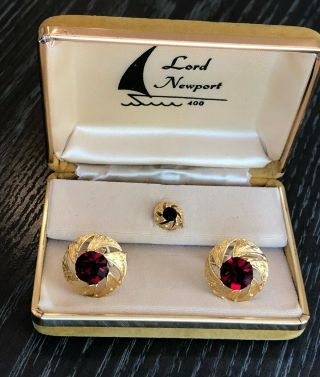 Vintage Gold Tone And Ruby Red Rhinestone Cufflink And Tie Set Lord Newport 400
