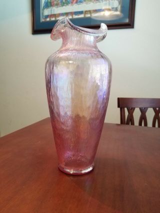 Rare Vintage Fenton Pink Iridescent Crackle Glass Vase 14 1/4 ",  Cond.