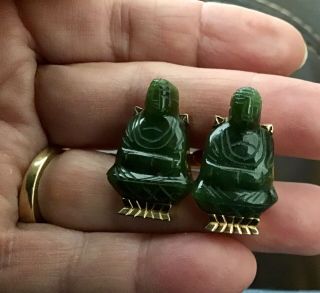 Vintage Swank Green Jade Buddha Large Cufflinks With Tie Tack