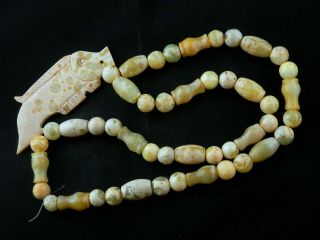 Large Chinese Old Jade Beads Necklace W/jade Fish Pendant