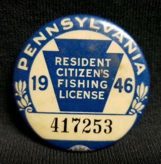 1946 Pennsylvania Resident Fishing License Button Vintage
