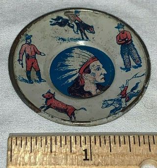 Antique Tin Litho Toy Tea Set Plate Indian Chief Roping Cowboy Bucking Bronco,