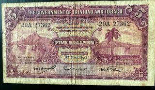 1942 Trinidad And Tobago Five (5) Dollar Bank Note - Rare
