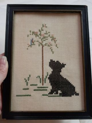 Antique Vintage Scottie Dog With Bird Framed Needlepoint Cross Stitch
