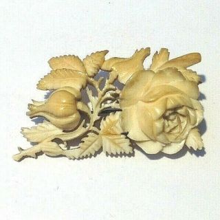 Antique Victorian Carved Bovine Rose Flower Spray Brooch Pin