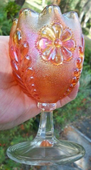 Antique Northwood Glass Marigold Daisy & Plume Carnival Stemmed Rosebowl Compote