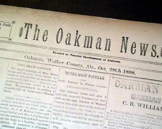 Rare 19th Century Oakman Walker County Alabama 1898 Old Newspaper
