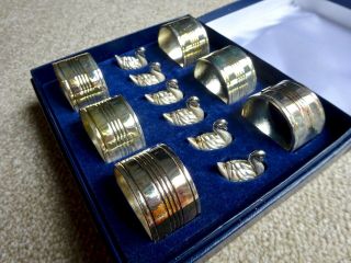 Vintage Boxed Set Of 6 Silver Plated Napkin Rings & Swan Shape Name Card Holders