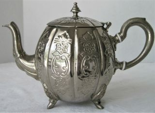 Rare Antique Vintage Embossed Silver Plate Tea Pot Ornately Engraved Kettle