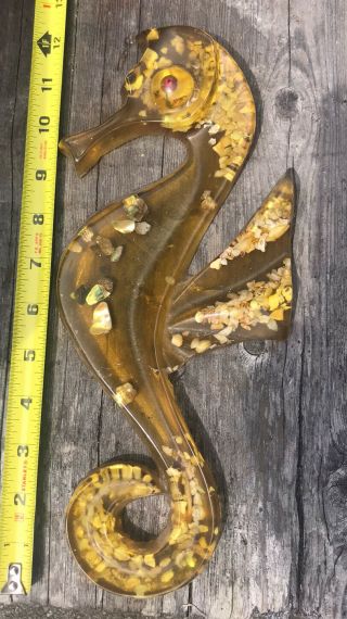 Rare Yellow Large Seahorse Wall Plaque Abalone Shells Lucite Acrylic