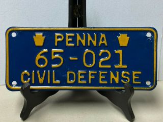 Vintage Pa Penna Pennsylvania Civil Defense License Plate 65 - 021 Rare Tag
