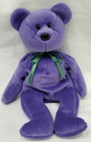 Ty Face (nf) Violet Teddy Bear - Very Rare - Green Ribbon - 1st Gen Tush