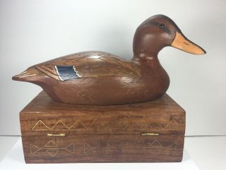 Vintage Carved Wooden Duck Decoy Cigar Box Treasure Chest Stand Wood
