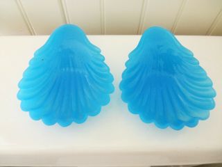 2 Rare Antique French Blue Opaline Glass Shell Form Dishes
