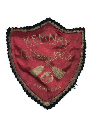 Vintage Antique Kemnay Curling Club Manitoba Canada Satin Patch Sweater Badge