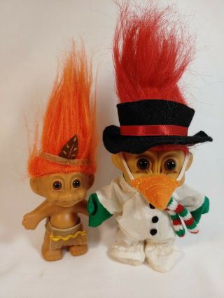 Vintage Russ Snowman Troll 5 " Doll Carrot Nose And Indian Troll.  Both R Complete