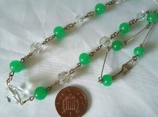 Antique Vintage Jade Green & Crystal Bead Necklace 17 " Mounted On Rolled Gold