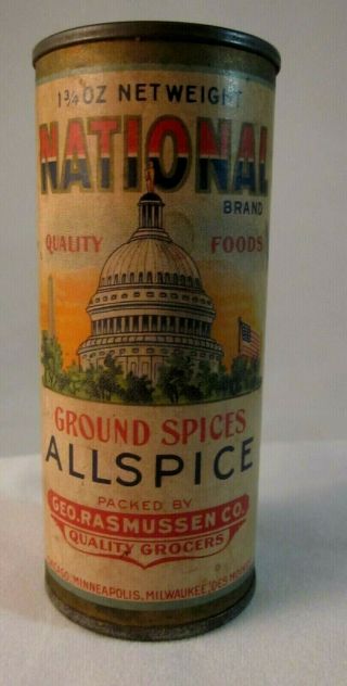 Antique National Allspice Tin Can Patriotic Capitol Flag Grocery Spice Rasmussen