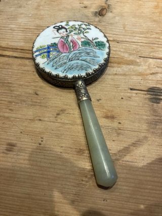 Chinese Porcelain And White Metal Hand Mirror With Jade? Handle