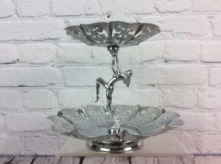 Vintage Art Deco Chrome 2 Tier Cake Stand With Dancing Nude,  Uk Delivery
