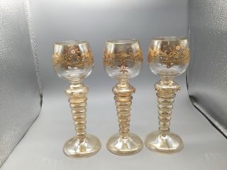 3 Rare Vintage German Wine Glasses Beehive Stem Iridescent Signed Enamel Decor
