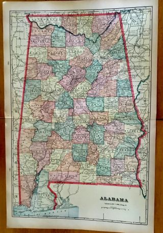 1906 Geo F Cram Railroad And County Color State Map Of Alabama 22 " X 14 "