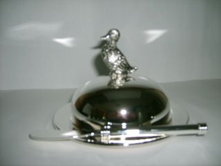 Silver Plated And Glass Duck Butter Dish And Spreader