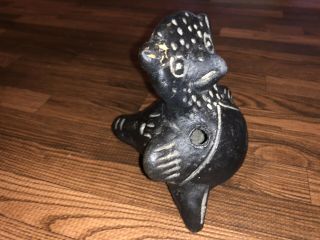 Antique Primitive Black Pottery Owl Ocarina Flute Whistle 3
