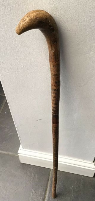 19th Century Primitive Hand Carved Wood Walking Stick Aid 72cm Long